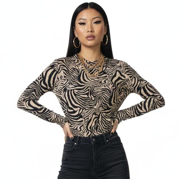 ASOS Design Zebra Print Ruched Bodysuit Womens 14 Tan Black Glam Night Out Y2K - Picture 1 of 7